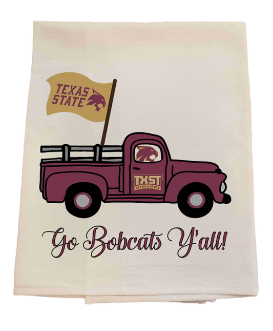 Tea towel with a Texas State truck design and text on a white background