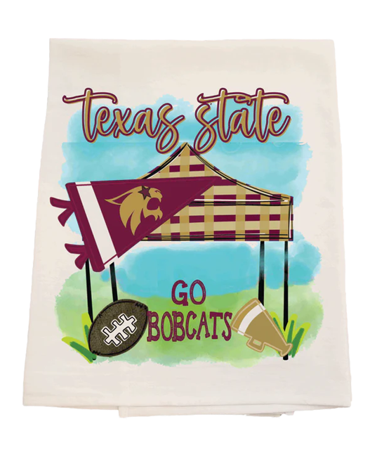 Decorative towel with Texas State logo, football, and boots on a white background