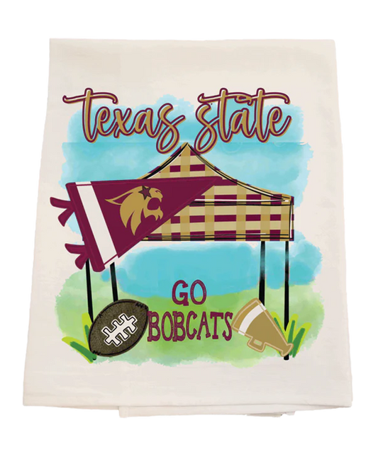 Decorative towel with Texas State logo, football, and boots on a white background