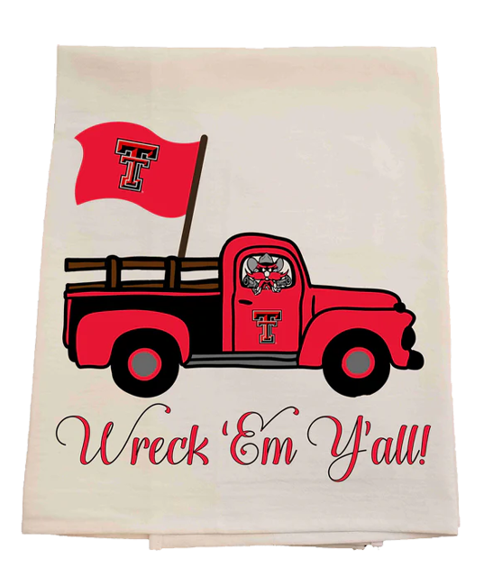 Tea towel with a red truck and Texas Tech flag, featuring the text 'Wreck 'Em Y'all'.