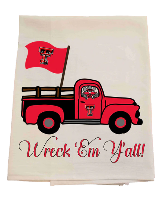 Tea towel with a red truck and Texas Tech flag, featuring the text 'Wreck 'Em Y'all'.