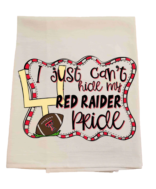 Towel with 'I Just Can't Hide My Red Raider Pride' text and football graphic on a white background