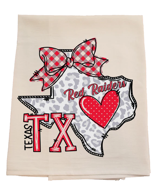 Decorative towel with a red heart, plaid bow, and 'Red Raiders' text on a white background