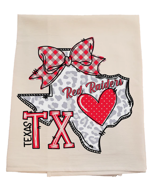 Decorative towel with a red heart, plaid bow, and 'Red Raiders' text on a white background