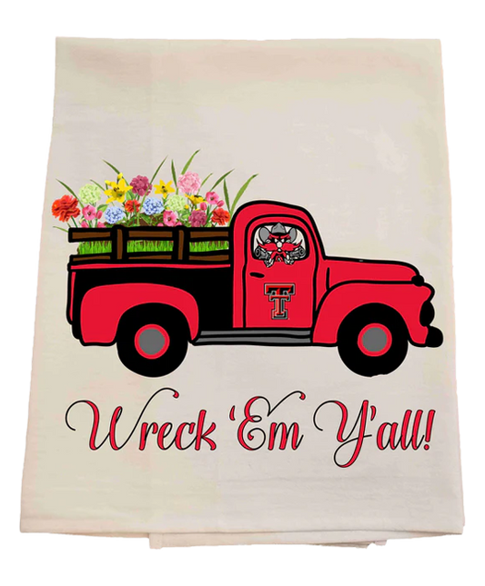 Floral-themed towel with a red truck and 'Wreck 'Em Y'all!' text on a white background