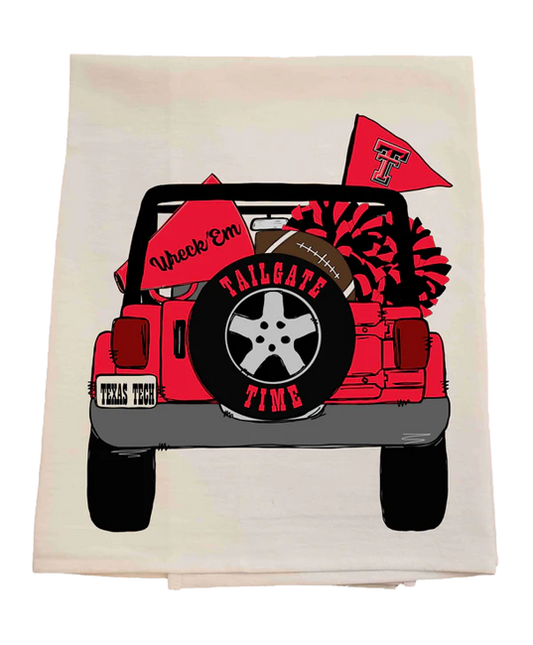 Decorative towel with a red truck graphic, football, and 'Tailgate Time' text on a white background