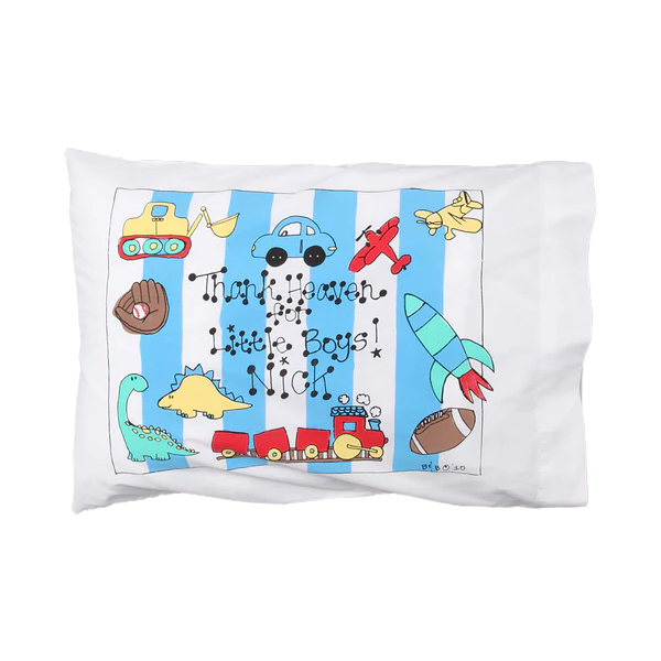 Children's pillowcase with colorful illustrations and text on a white background