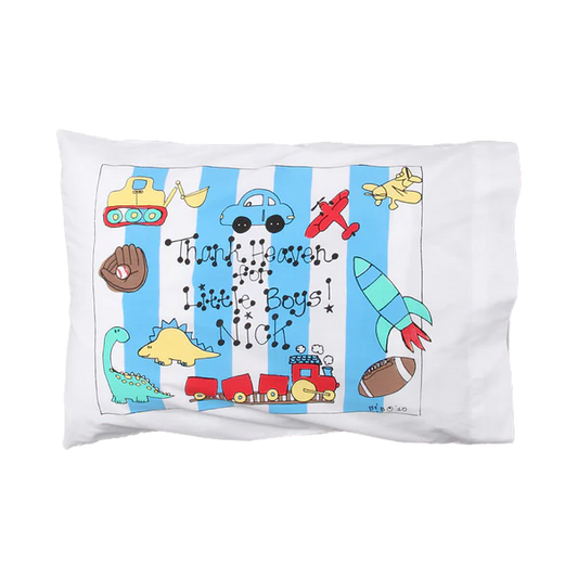Children's pillowcase with colorful illustrations and text on a white background