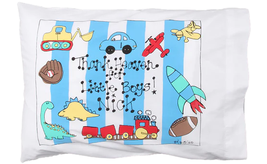 Children's pillowcase with colorful illustrations and text on a white background
