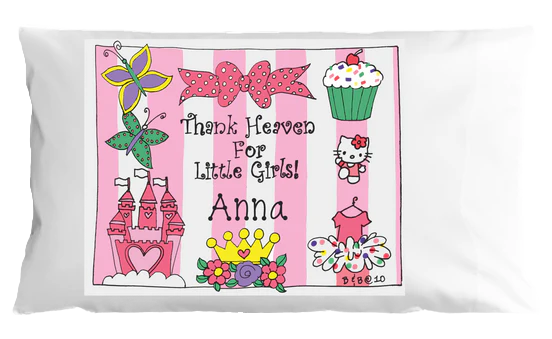 Personalized pillowcase with colorful designs and text on a white background