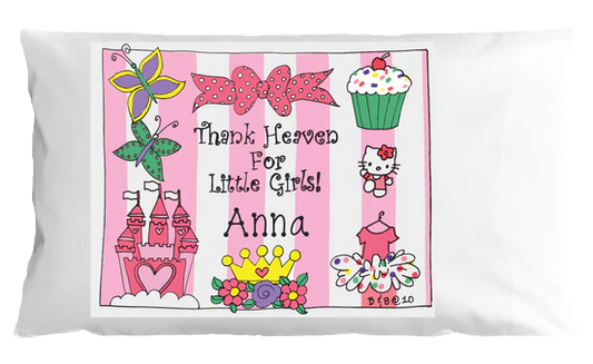 Personalized pillowcase with colorful designs and text on a white background