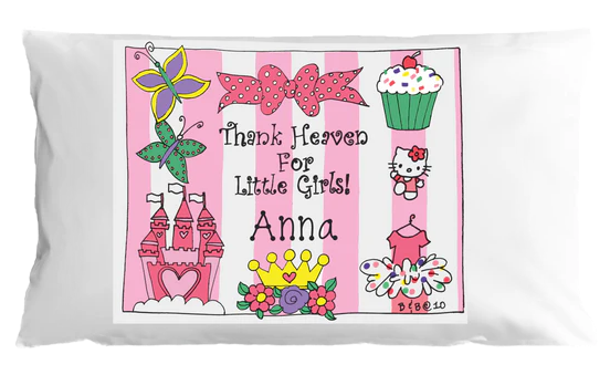 Personalized pillowcase with cartoon designs and text on a white background