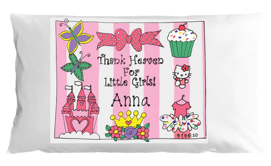 Personalized pillowcase with cartoon designs and text on a white background