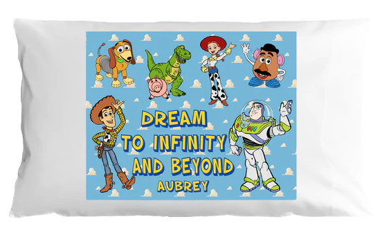Toy Story-themed pillowcase with characters and text on a white background