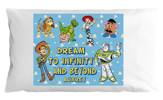 Personalized pillow case with Toy Story characters and text on a blue background