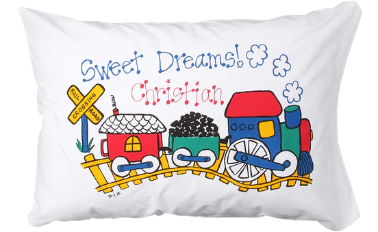 Children's pillowcase with a train design and 'Sweet Dreams Christian' text on a white background