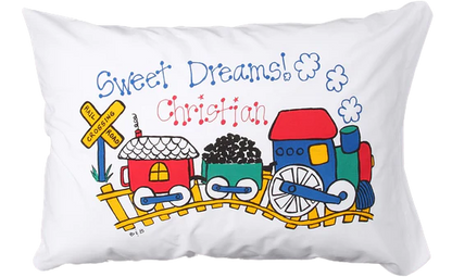 Children's pillowcase with a train design and 'Sweet Dreams Christian' text on a white background