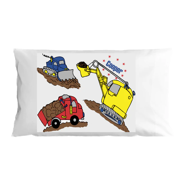Pillow case with construction vehicle illustrations and the name 'Cooper' on a white background