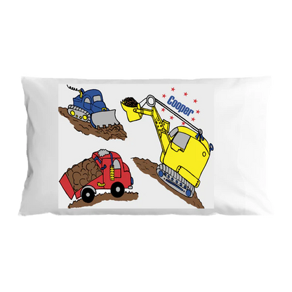 Pillow case with construction vehicle illustrations and the name 'Cooper' on a white background