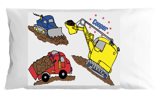 Children's pillowcase with construction vehicle illustrations and the name 'Cooper'.