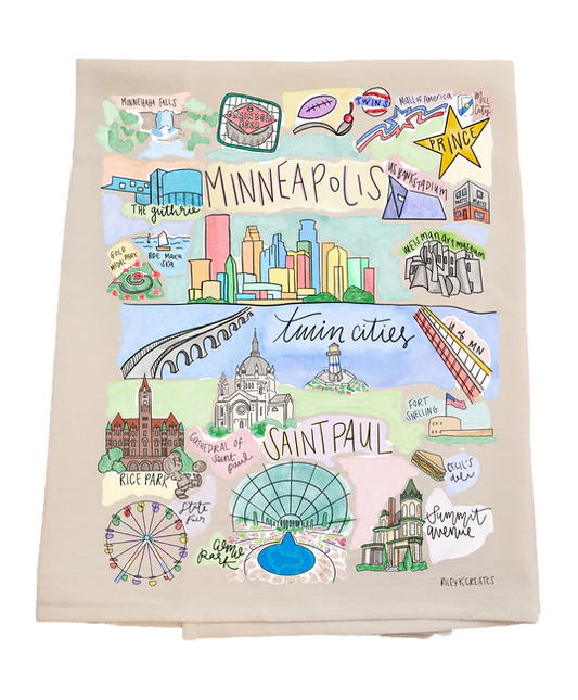 Tote bag with colorful illustrations of Minneapolis, Twin Cities, and Saint Paul on a beige background