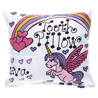 Unicorn-themed tooth pillow with rainbow, hearts, and 'Tooth Pillow Eva' text on a white background.