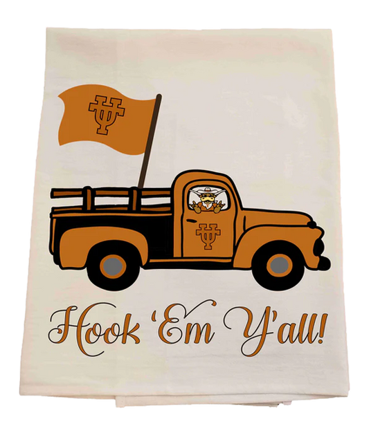 Tea towel with a vintage truck and flag design, featuring 'Hook 'Em Y'all!' text.