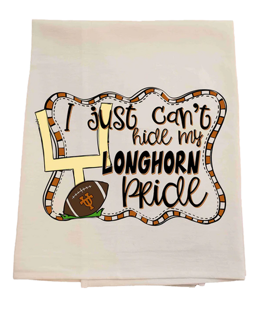 Decorative towel with 'I just can't hide my Longhorn pride' text and football graphic.