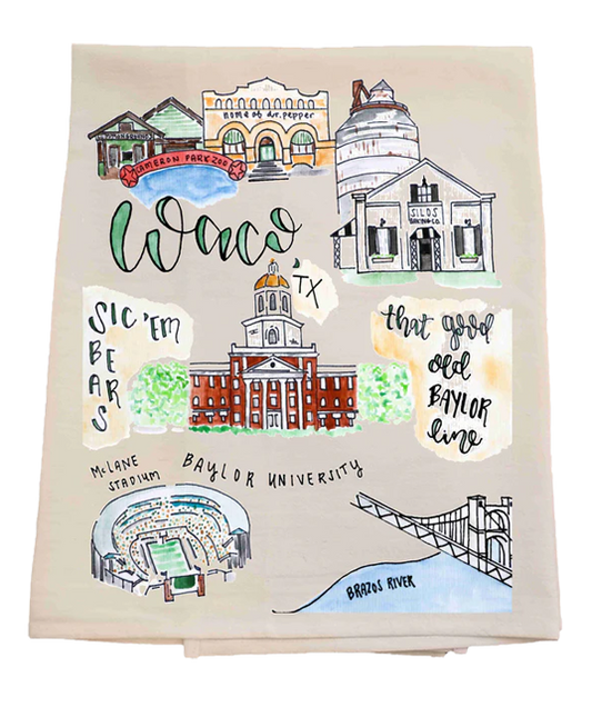 Decorative towel with illustrations of buildings and text related to Waco Texas landmarks