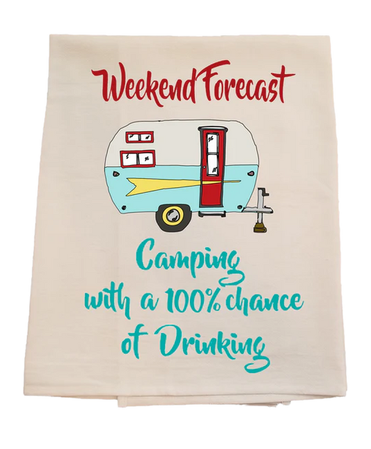 Cotton tea towel with a camper design and text on a white background